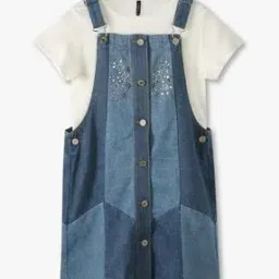 Girls Embroidered Relaxed Fit Square-Neck Dungarees-image-10