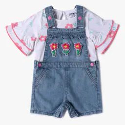 Girls Regular Fit Dungaree & Floral Print T-Shirt Set-61