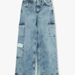 Girls Acid Wash Relaxed Fit Cargo Jeans-12