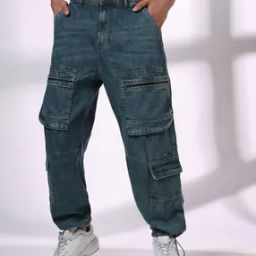 Men Lightly Washed Baggy Fit Jogger Jeans with Cargo Pockets-image-24