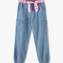 Girls Lightly Washed Joggers Jeans with Printed Belt-picture-16
