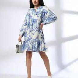 Women Floral Print A-Line Dress with Neck Tie-Up-image-59
