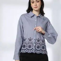Women Striped Relaxed Fit Shirt with Schiffli Hem-image-32
