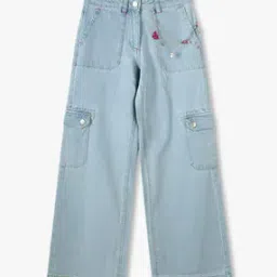 Girls Lightly Washed Cargo Jeans with Chain Trim-image-11