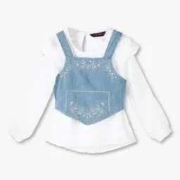 Girls Twofer Top with Embroidered Denim Vest-image-9