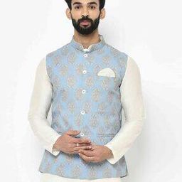 Printed Nehru Jacket with Pocket Square-image-1