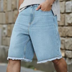 Shein Street Knee Length Frayed Hem Loose Fit Denim Shorts-image-71