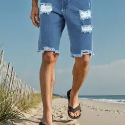 Shein Knee Length Frayed Hem Distressed Denim Shorts-image-11