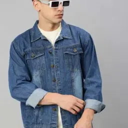 Lightly Washed Denim Jacket with Flap Pockets-picture-0