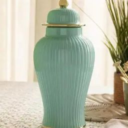 Ribbed Ceramic Urn with Lid & Contrast Rim Detail-image-34