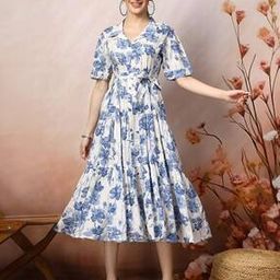 Women Floral Print A-line Dress with Short Sleeves-image-19