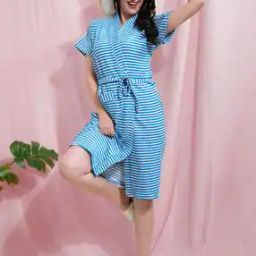 Women Striped Cotton Bathrobe with Patch Pockets-image-88