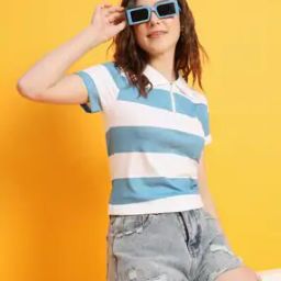 Women Striped Regular Fit Polo T-Shirt with Zip Closure-image-39