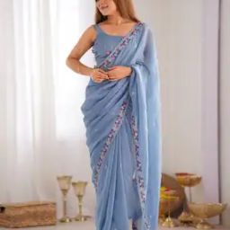 Women Embroidered Saree with Scalloped Border-image-14