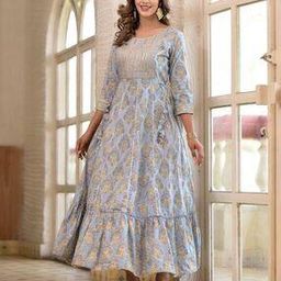Women Block Print No Darts Anarkali Kurta-image-54