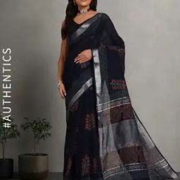 Handblock Bagru Print Linen Saree With Attached Blouse Piece-picture-48