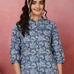 Women Floral Print Relaxed Fit Tunic with Mandarin Collar-18