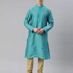 Men Regular Fit Long Kurta with Mandarin Collar-image-2