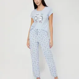 Women Graphic Print T-Shirt & Pyjamas Set-image-37