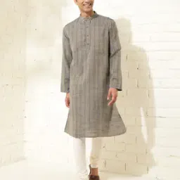 fabindia Men Striped Regular Fit Long Kurta with Mandarin Collar-picture-5