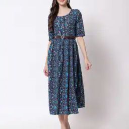 Floral Print A-Line Dress with Belt-image-4