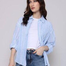 Women Striped Oversized Cotton Shirt with Patch Pocket-image-28
