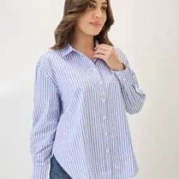 Women Cuffed Sleeves Stripes Shirt-image-31
