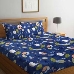 arrabi Leaf Printed Cotton Blend Double King Size Fitted Bedsheet with 2 Pillow Covers-picture-42