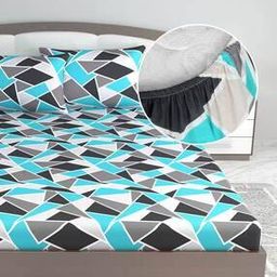 144 TC Geometric Print King Size Fitted Bedsheet with 2 Pillow Covers-image-14