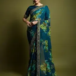 Floral Print Saree with Scalloped Border-picture-45