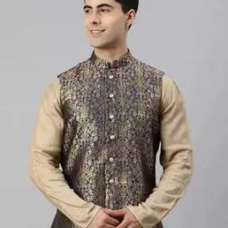 Floral Woven Nehru Jacket with Insert Pockets-image-85