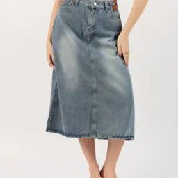 Women Washed A-Line Skirt with Button Closure-picture-4