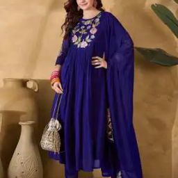 Silk Blend Thread Work Embroidery With Schiffli Lace A-Line Kurta Pant Set with Dupatta-picture-1