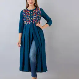 Embroidered Flared Kurta with Front-Slit-image-1