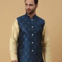 Men Floral Woven Fitted Nehru jacket with Welt Pockets-18