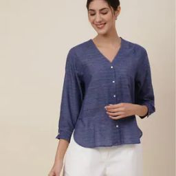 Striped V-Neck Top with Button-Closure-image-22