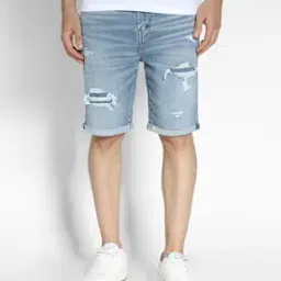 Men Washed Distressed Denim Shorts-image-86