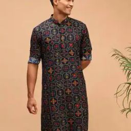 Floral Print Long Kurta with Mandarin Collar-image-82