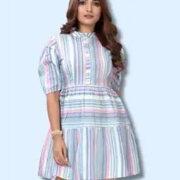 Women Cotton Collar Neck Stripes Dress-image-2