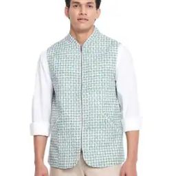 Checked Nehru Jacket with Welt Pockets-14