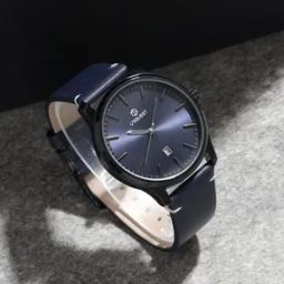 Blue Dial Analogue Fashion Watch with Date Function And Leather Strap For Men-image-0