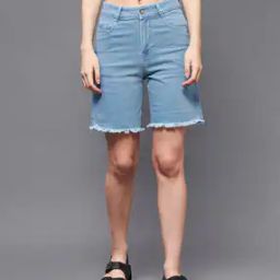 High-Rise Denim Shorts with Fringed Hem-24