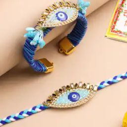Set of 2 Evil Eye & Kundan Studded Handcrafted Bhaiya Bhabhi Rakhi with Roli Chawal Chandan & Mishri-picture-19