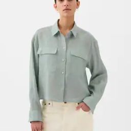 Linen Long Sleeves Cropped Shirt-image-5
