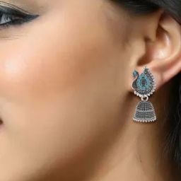 Peacock Pattern Silver Oxidised Jhumkas-17