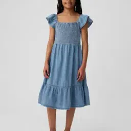 Girls Smocked Bodice A-Line Dress with Flutter Hem-image-5