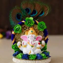 Lord Ganesha Idol on Decorative Handcrafted Floral Plate with Peocock Feather for Home & Car-25