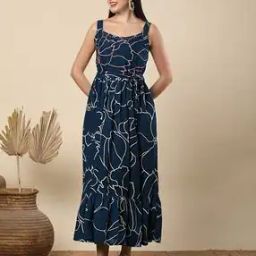Abstract Printed & Mirror Embroidered Viscose Rayon A-Line Plated Maxi Dress-10