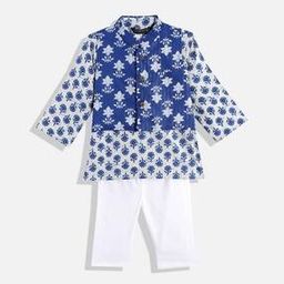 Floral Print Kurta Pyjams Set with Nehru Jacket-image-77