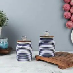 Set of 2 Striped Ceramic Jar with Lid-38